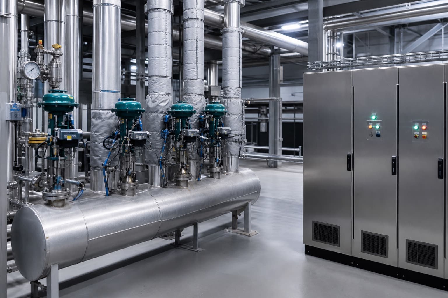 Plant utility piping, control valves, and an edge controller cabinet