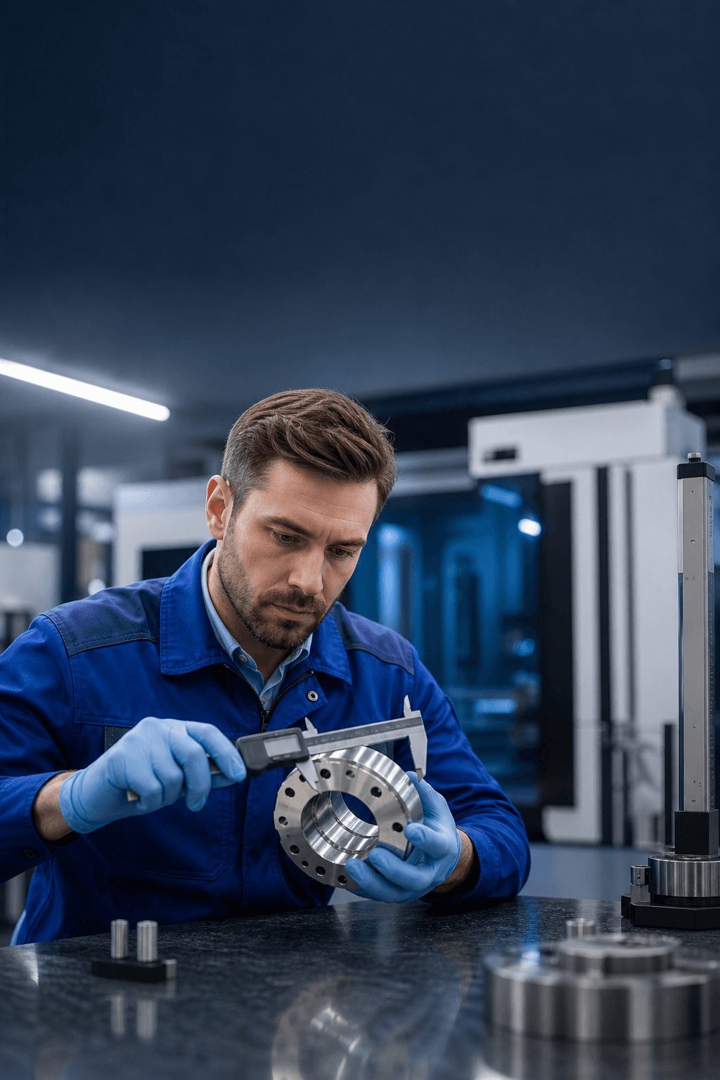 Quality engineer inspecting a precision-machined component with a digital caliper